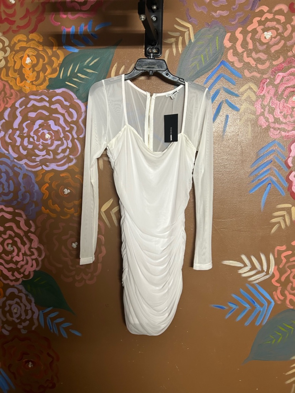 Fashion Nova White Long Sleeve Ruched Mesh Dress
